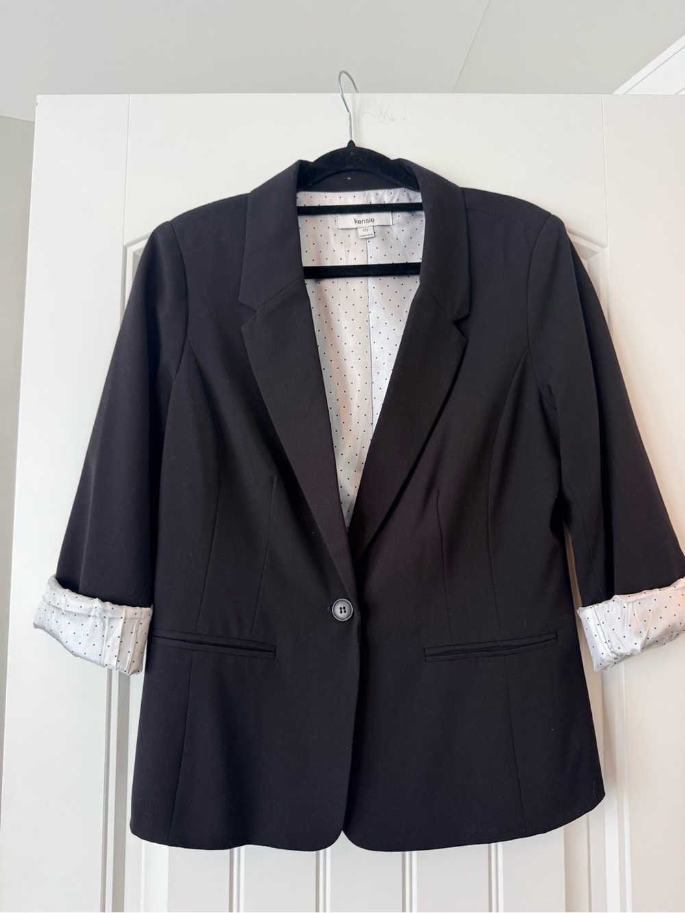Black Single-Button Blazer - medium weight, polka dot lining